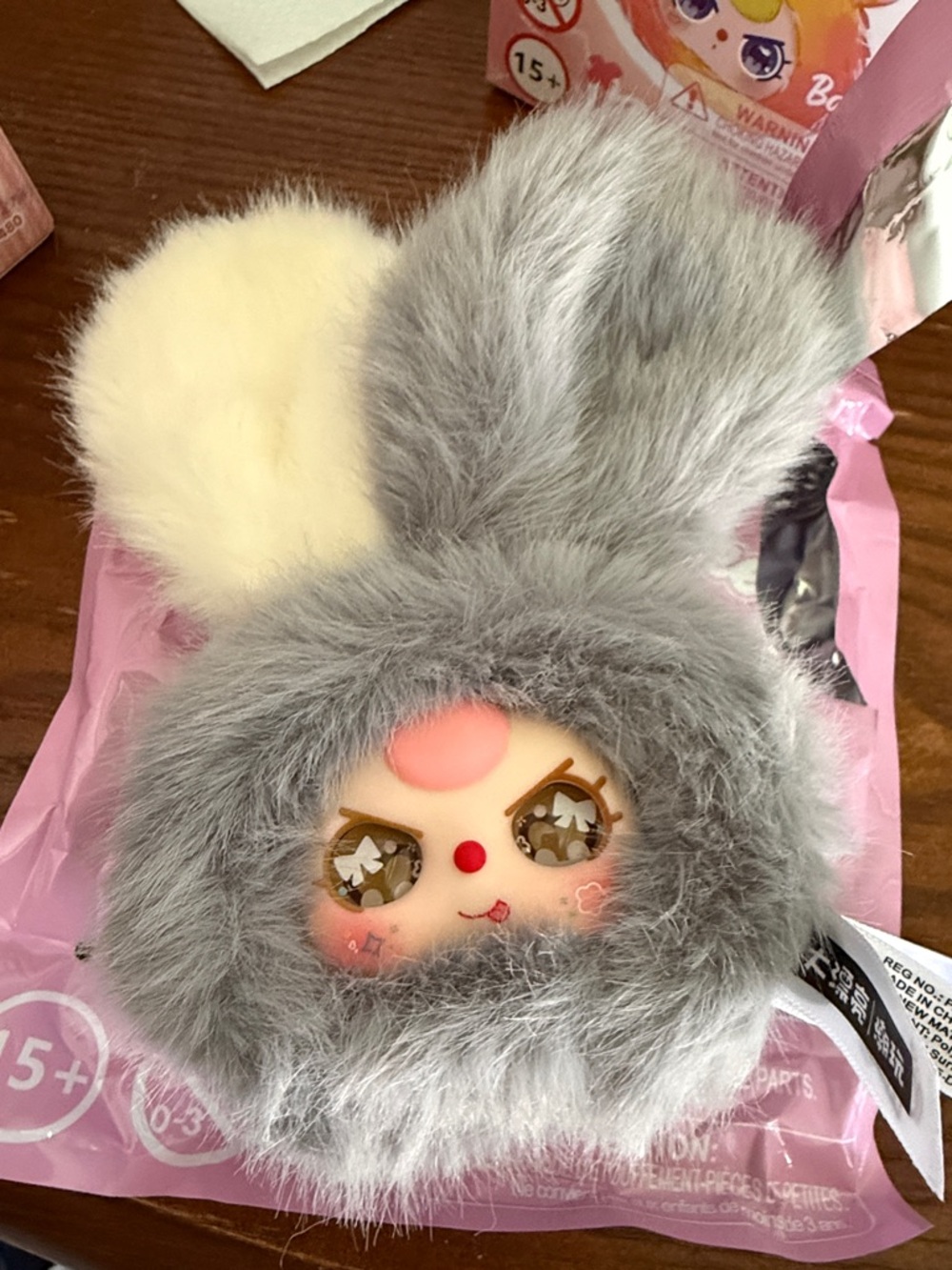 NWT Baby three bunny head Keychain - Grey and Cream Faux Fur MILK FROST